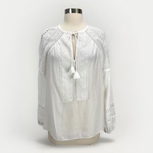 Ramy Brook Womens White Peasant Blouse Top‎ XS Crochet Lace Trim Romantic Boho
